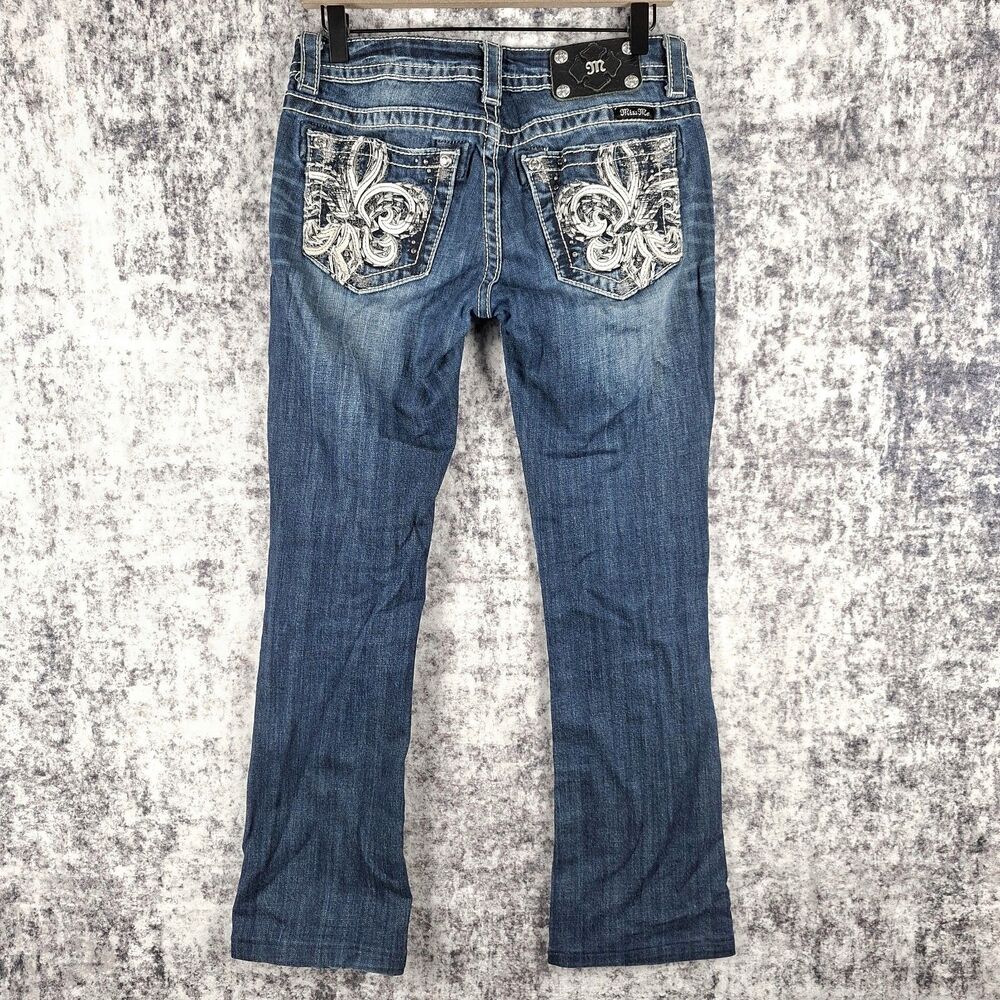 Miss Me Womens Bootcut Rhinestone & Leather Embellished Jeans Size 27 JP5769B
